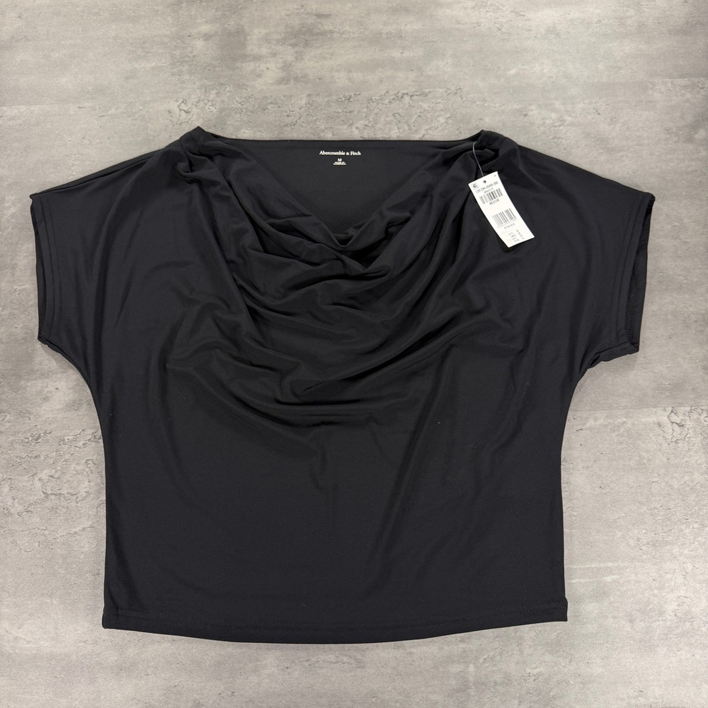 Abercrombie & Fitch Top M Asymmetric Draped Cowl Neck Black Short Sleeve NEW
